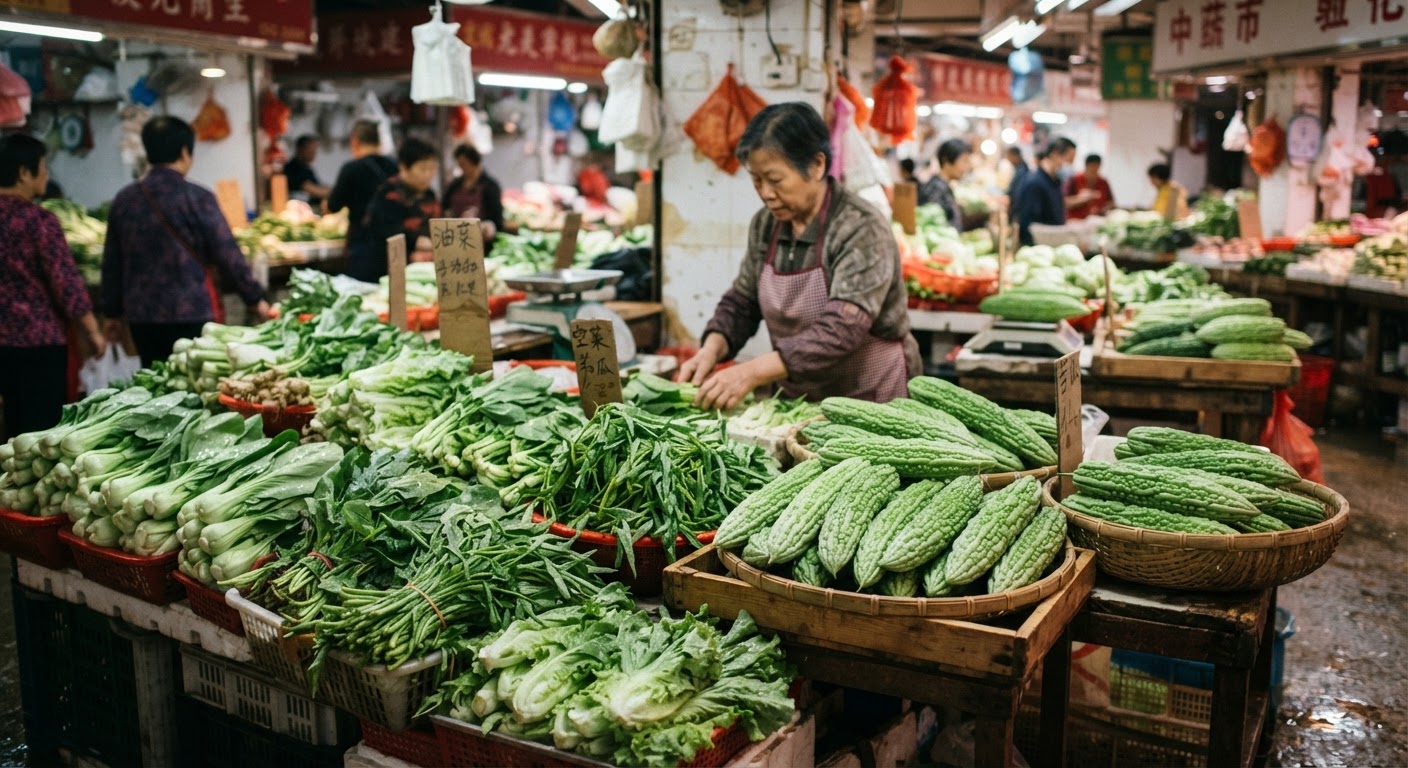 城市菜市场里新鲜的绿叶蔬菜和苦瓜,它们是“先苦后甘”饮食哲学的代表。