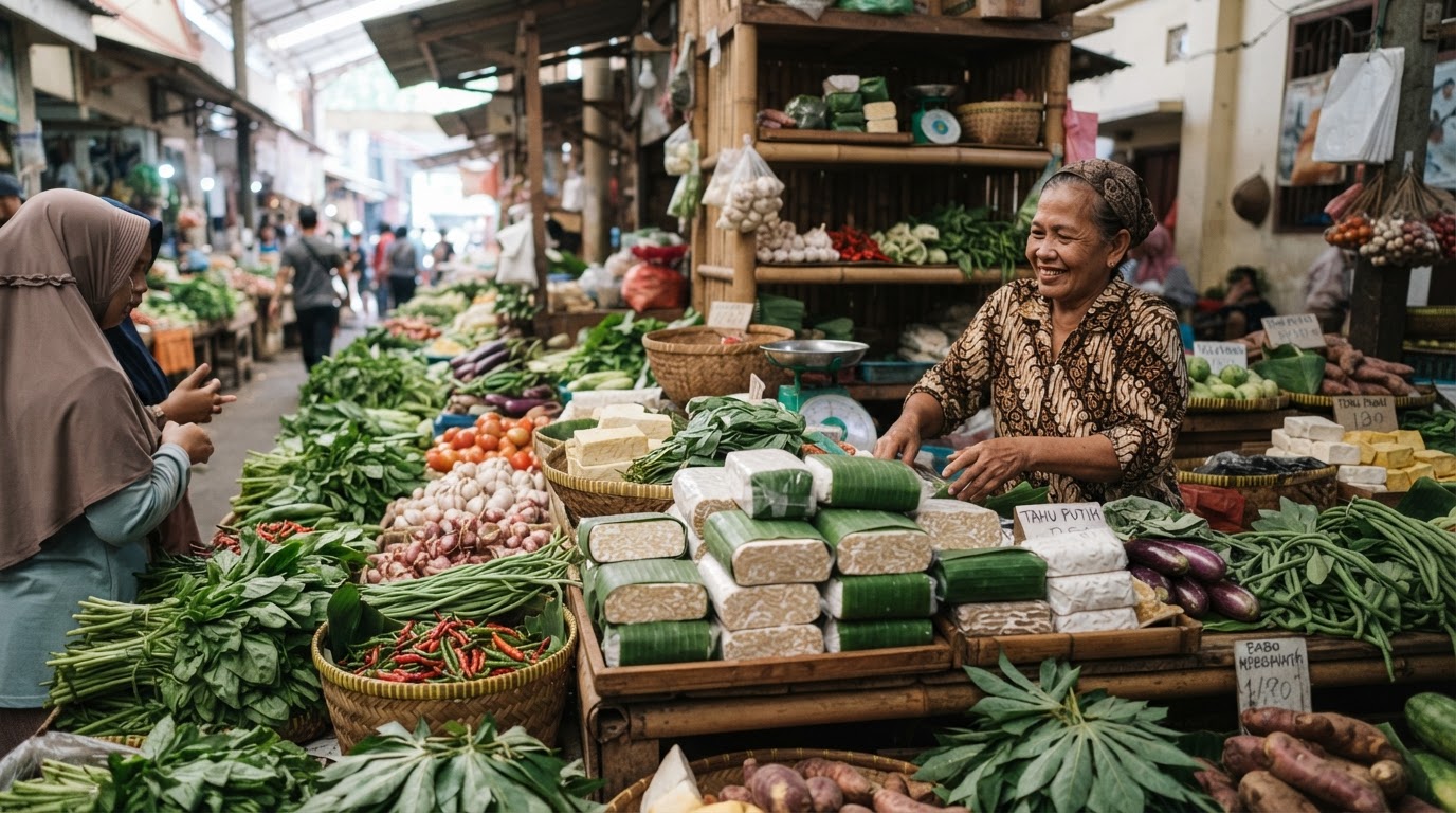 Stan pasar di Indonesia yang menjual berbagai macam sayuran segar dan tempe