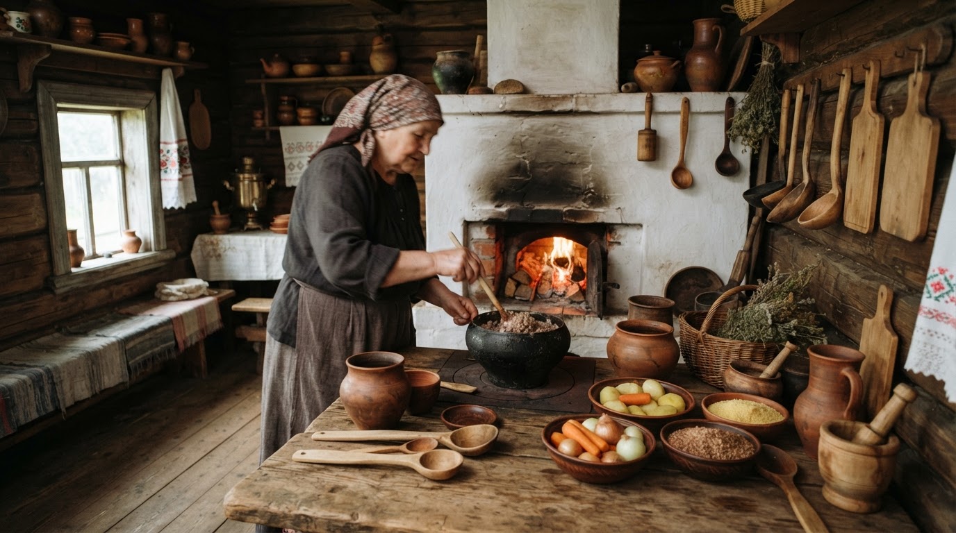 Традиционная русская крестьянская кухня с печью и деревянной утварью