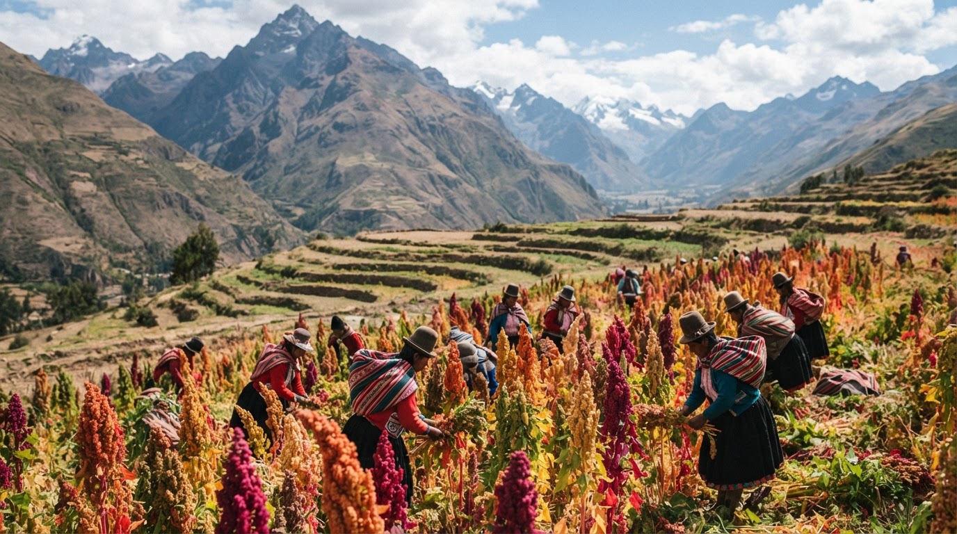 Andes mama llaqtapi tarpuykuna, quinoa chakra, urqukunawan.