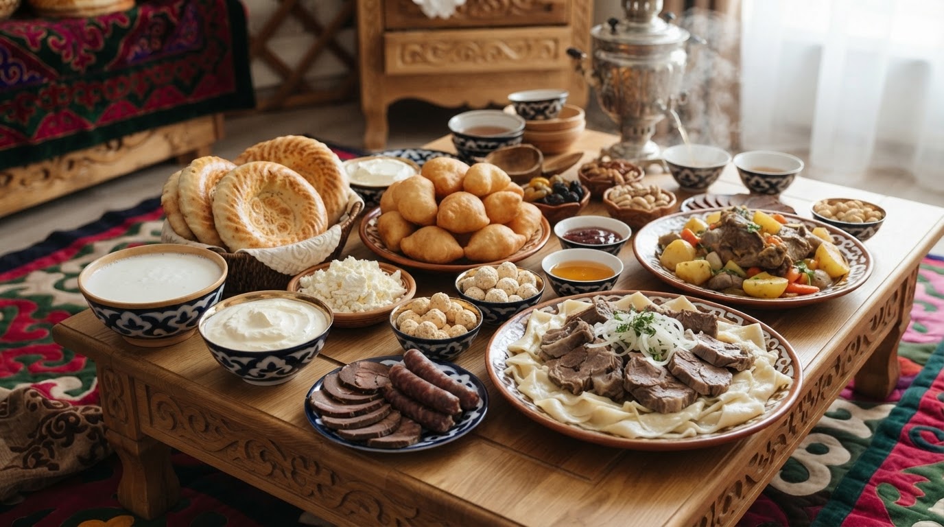 Дәстүрлі қазақ дастарханы, нан, сүт өнімдері және ет тағамдары