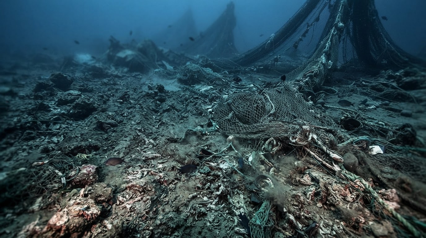 Fondo marino dañado y desolado, con restos de redes de pesca esparcidos.