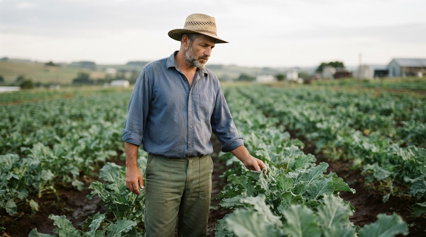 Agricultor de pequena escala a olhar para as suas colheitas num campo.