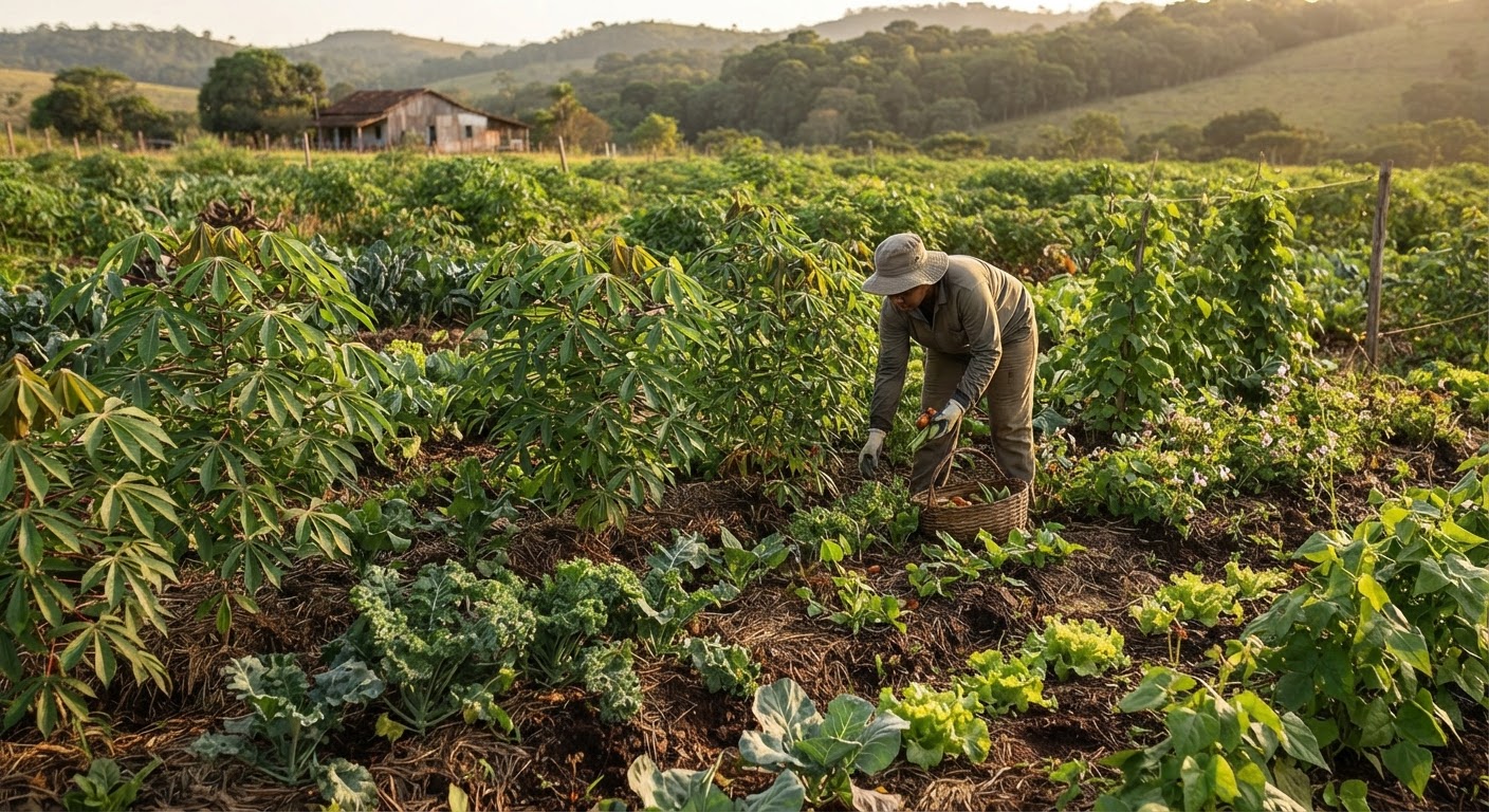 Cultivo diversificado de mandioca e vegetais, promovendo a segurança alimentar.