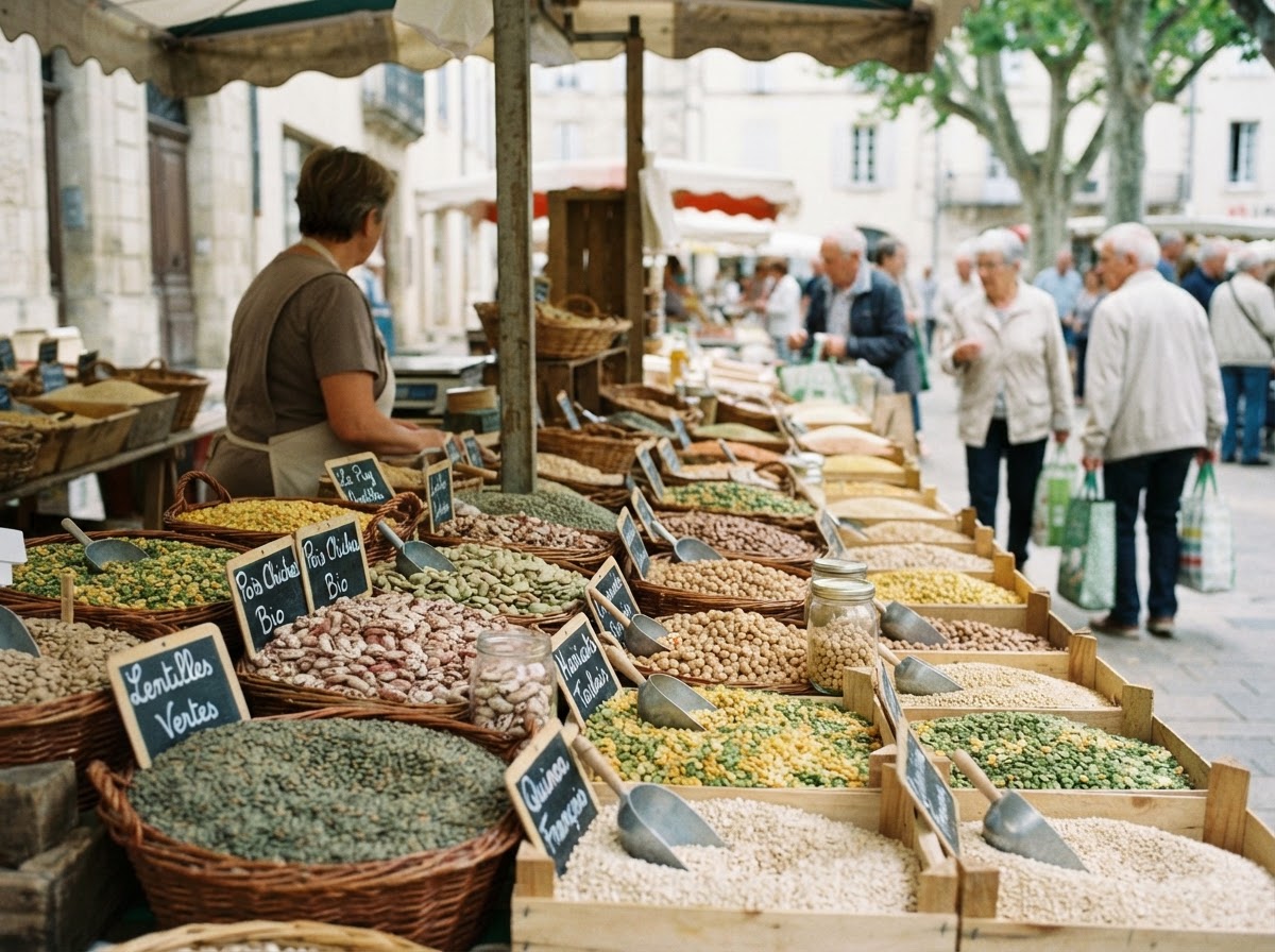 Un étal de marché proposant une variété de légumineuses et de céréales.