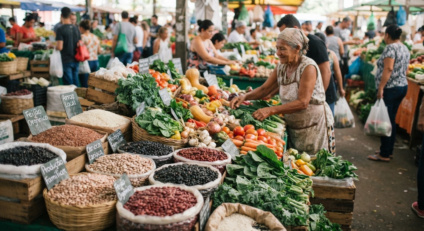 Mercado local vibrante, exibindo a riqueza da produção familiar e diversificada.