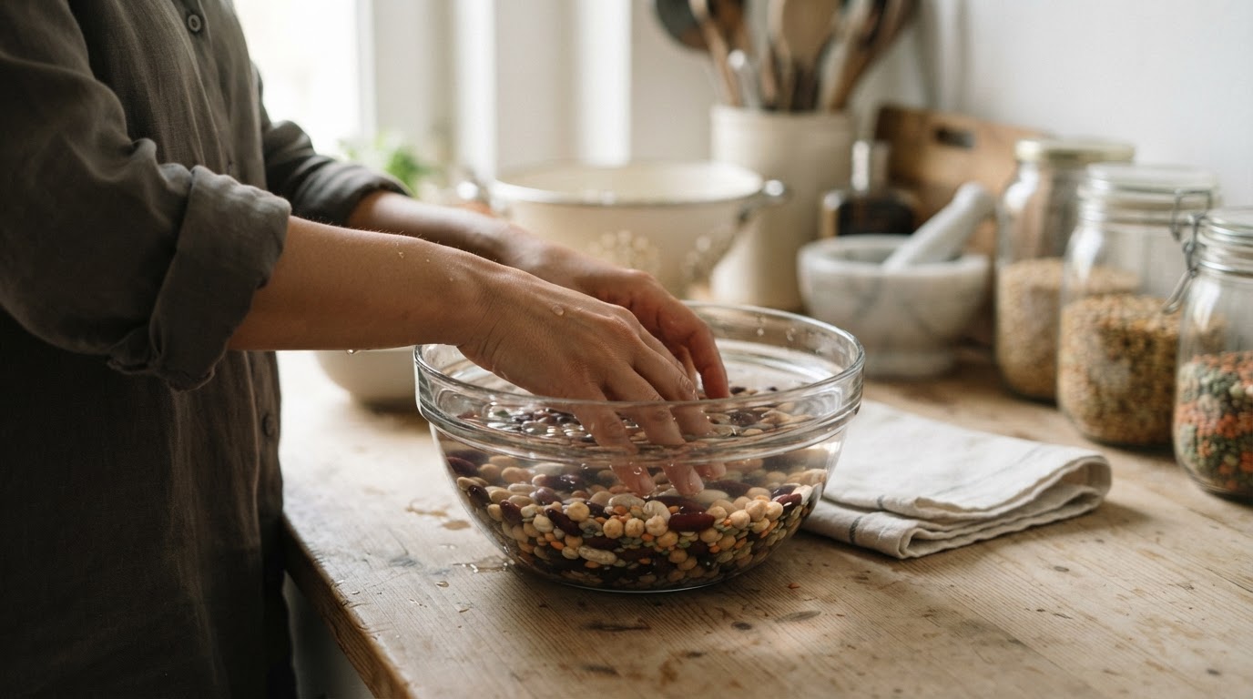 Das Einweichen von getrockneten Bohnen vor dem Kochen ist ein wichtiger Schritt zur Verbesserung der Verdaulichkeit.