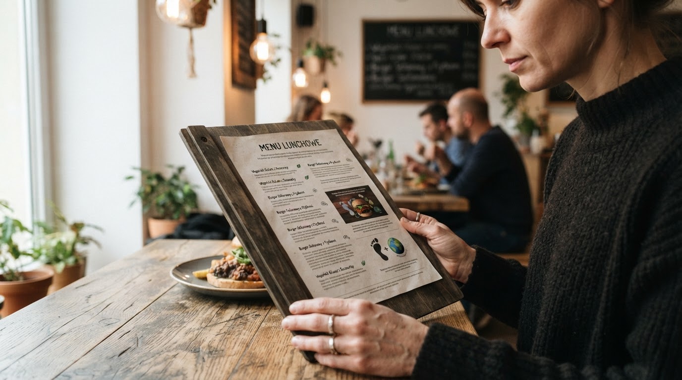 Restauracyjne menu z ikonami żywności i grafiką dotyczącą zmian klimatu