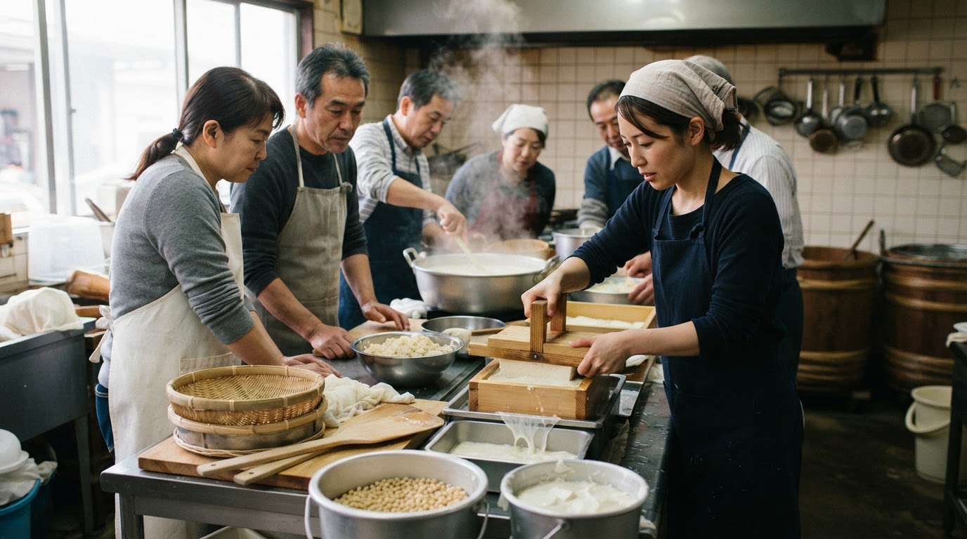 豆腐作りのワークショップで、参加者が熱心に作業に取り組む様子。