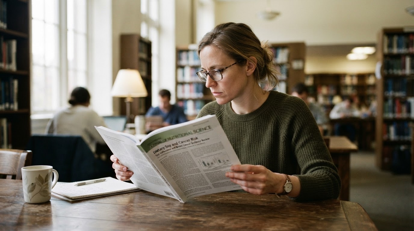 A woman is sitting at a table in a well-lit library, deeply engrossed in reading a scientific journal.
