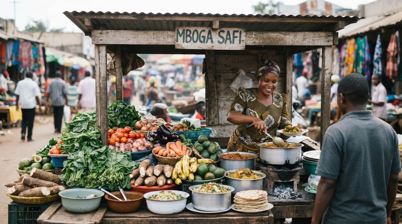 Kibanda cha chakula cha mtaani Afrika Mashariki chenye mboga mboga safi.