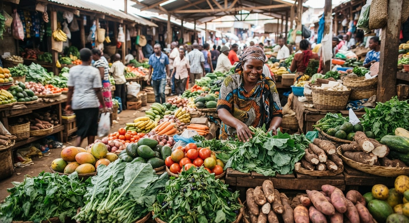 Soko la ndani huko Kenya likiwa limejaa mboga na matunda mbalimbali, likitoa fursa nzuri kwa wenye kula mboga.
