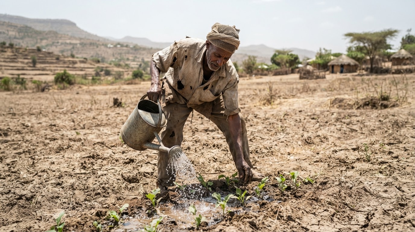 የኢትዮጵያ ገበሬ በድርቅ በተጎዳ መሬት ላይ ሰብልን የሚያጠጣ