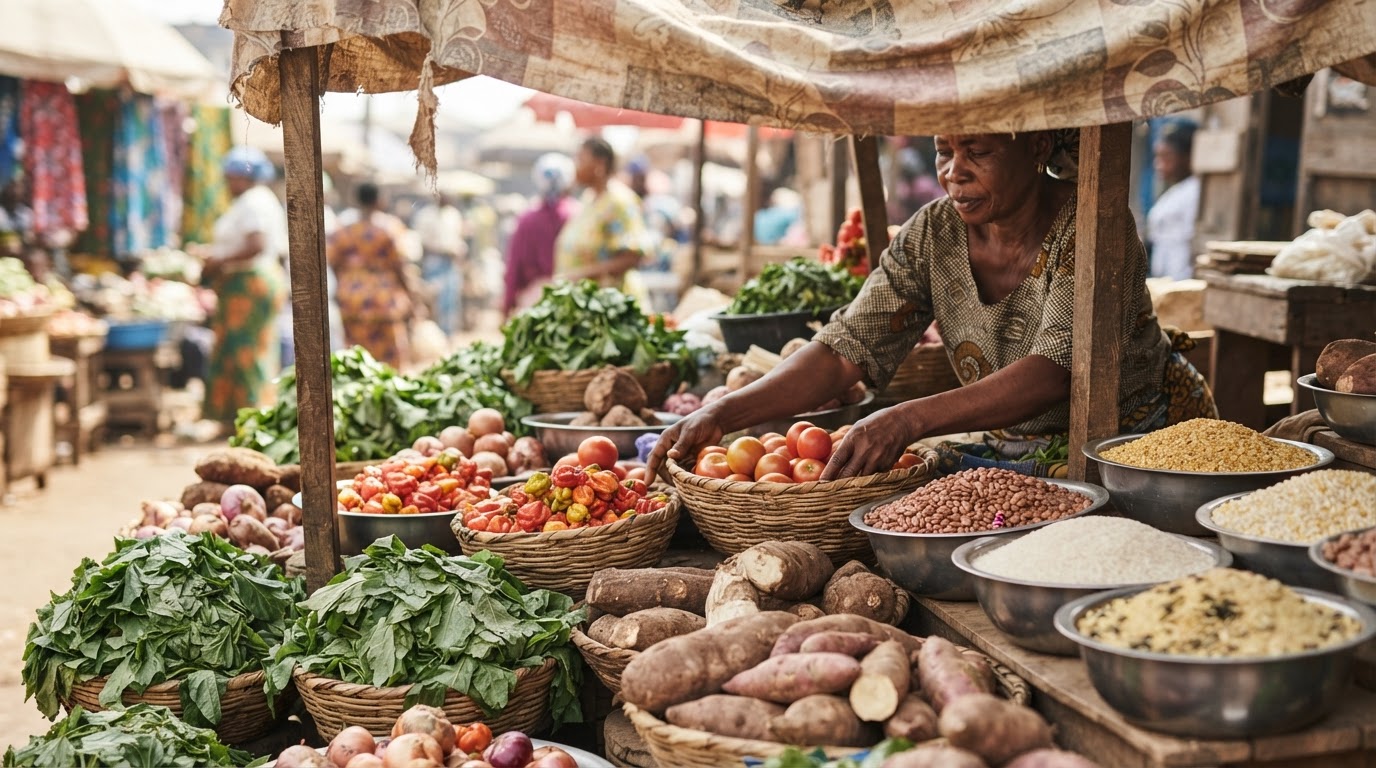 Àwọn èso àti ọ̀gẹ̀dẹ̀ tí wọ́n tò síta ní ọjà Nàìjíríà