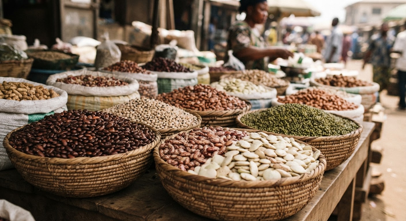 Àwọn oríṣiríṣi ẹ̀wà tí wọ́n tò síta ní ọjà.