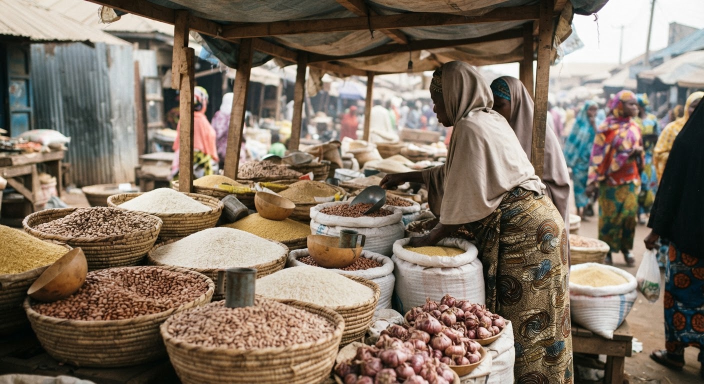 Wani rumfa a kasuwar Hausawa da ke sayar da wake da hatsi iri-iri.