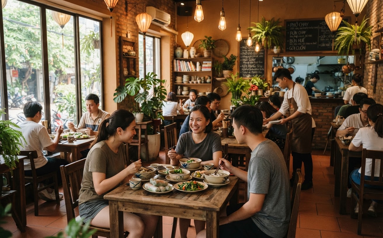 Nội thất ấm cúng của một nhà hàng chay Việt Nam