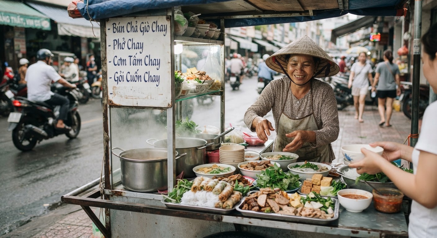 Một quầy hàng rong bán đồ chay hấp dẫn tại Việt Nam.