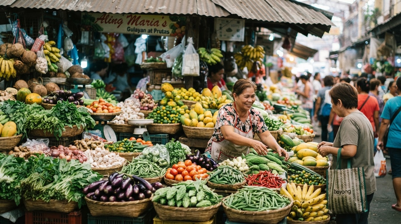 Masiglang tindahan sa palengke sa Pilipinas na puno ng sariwang gulay at prutas.