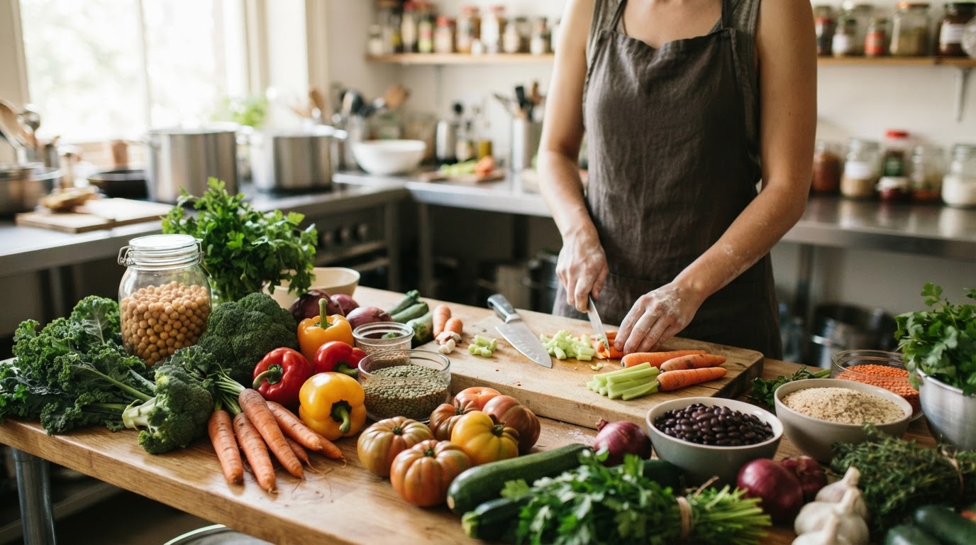 میز پر از سبزیجات تازه و حبوبات برای آمادهسازی غذای گیاهی