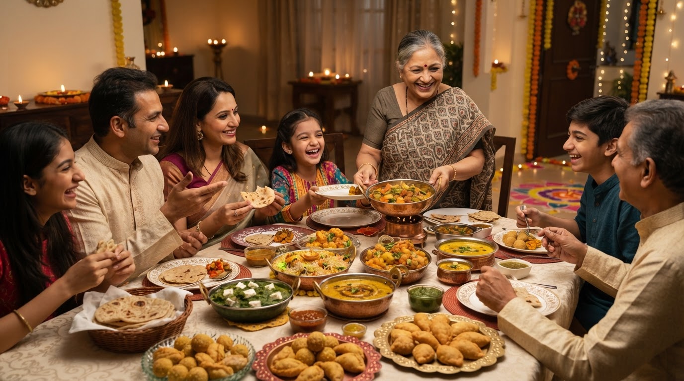भारतीय परिवार दिवाली के भोजन के साथ उत्सव मना रहा है