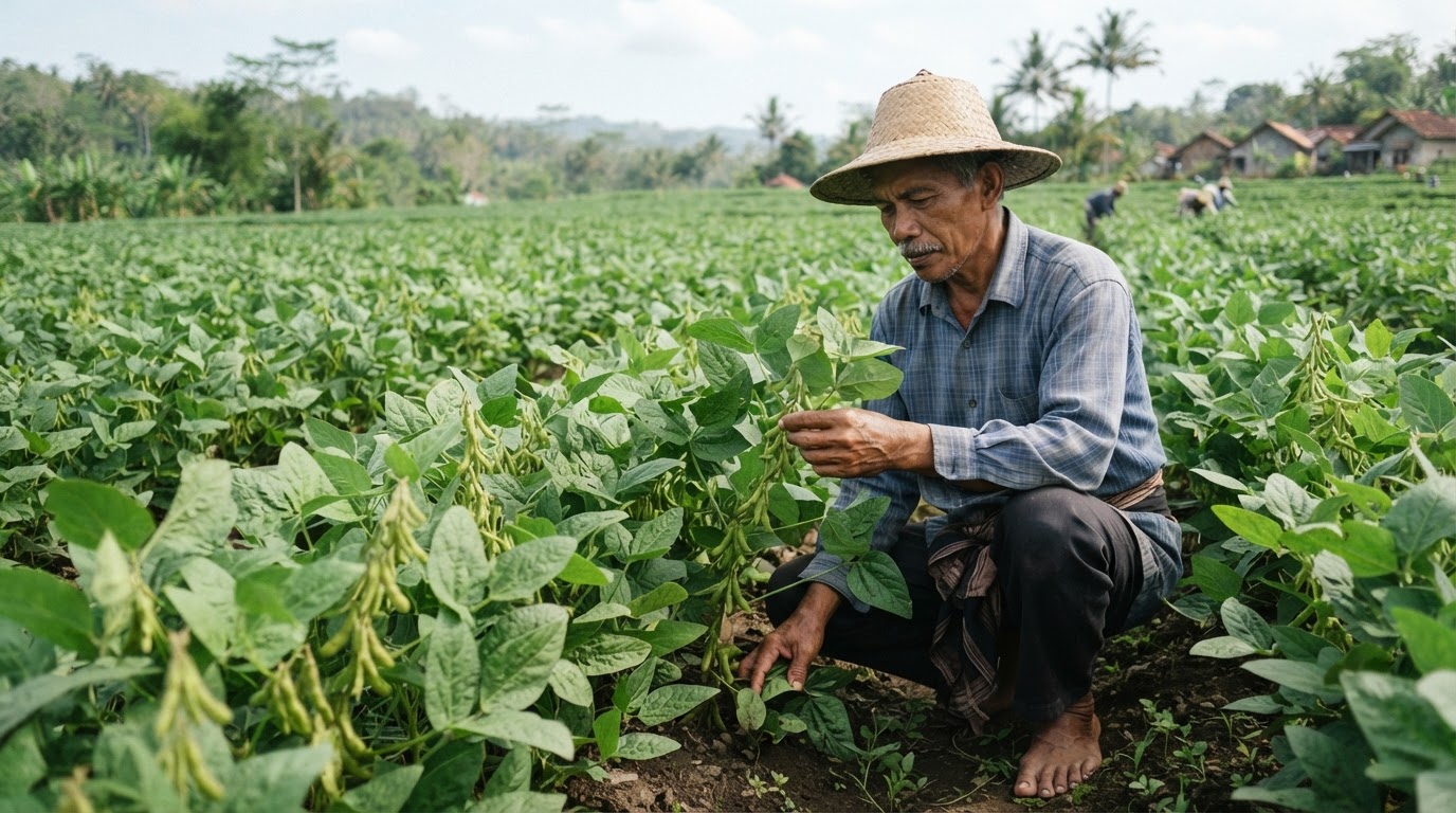 Petani Indonesia memeriksa tanaman kedelai di ladang