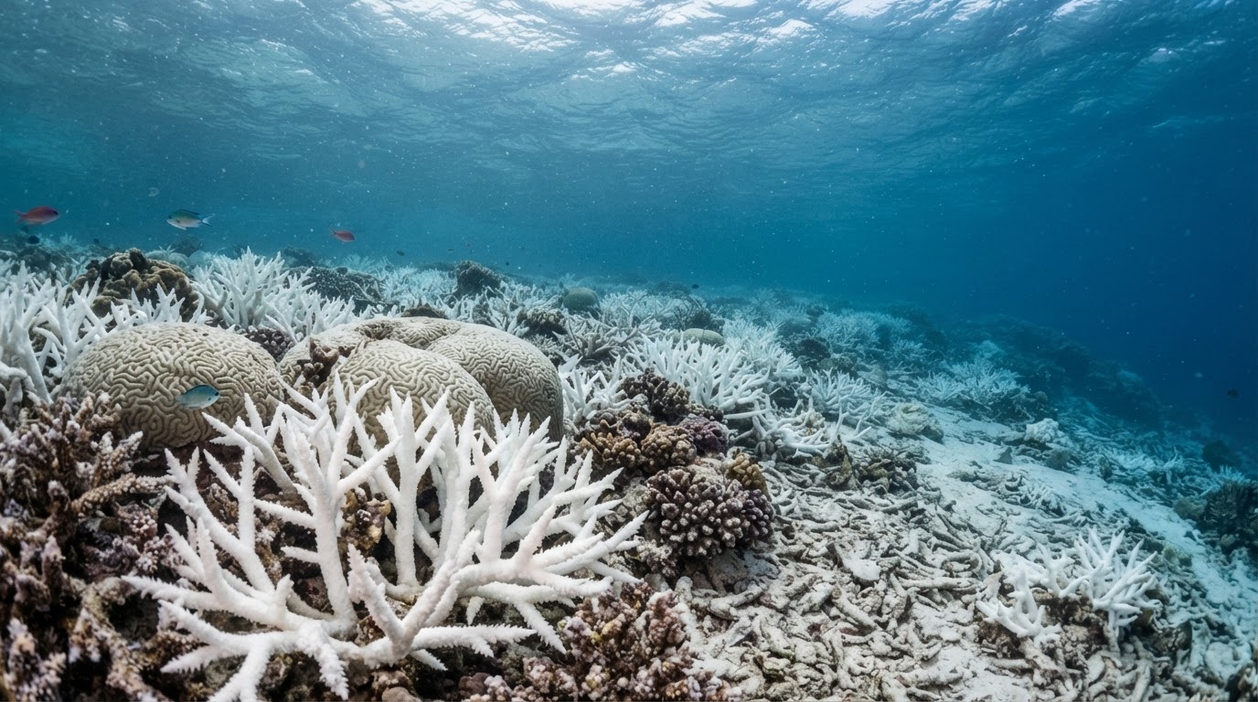 Arrecife de coral blanqueado por el calentamiento del océano