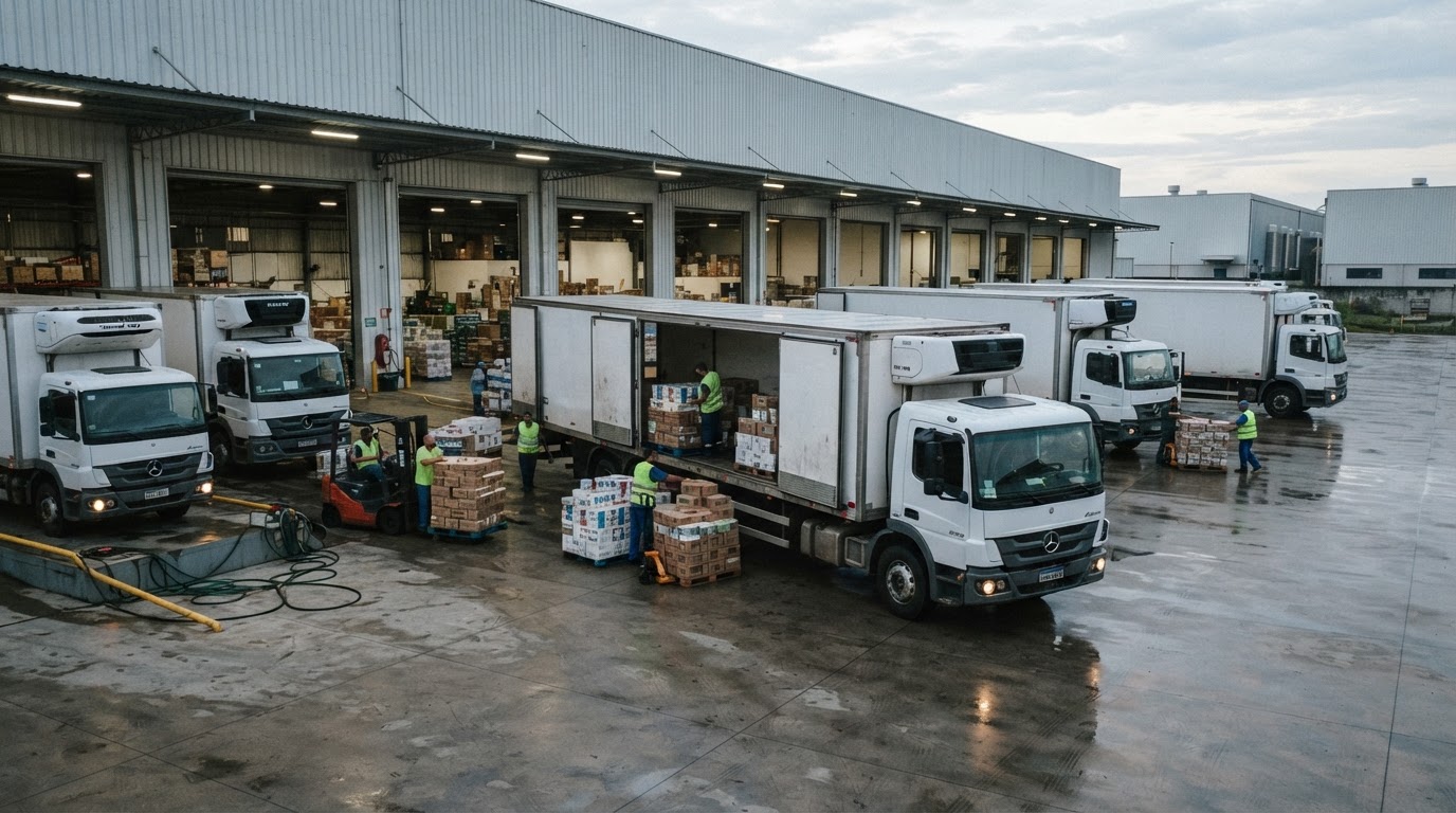 Centro de distribuição com caminhões refrigerados prontos para entrega