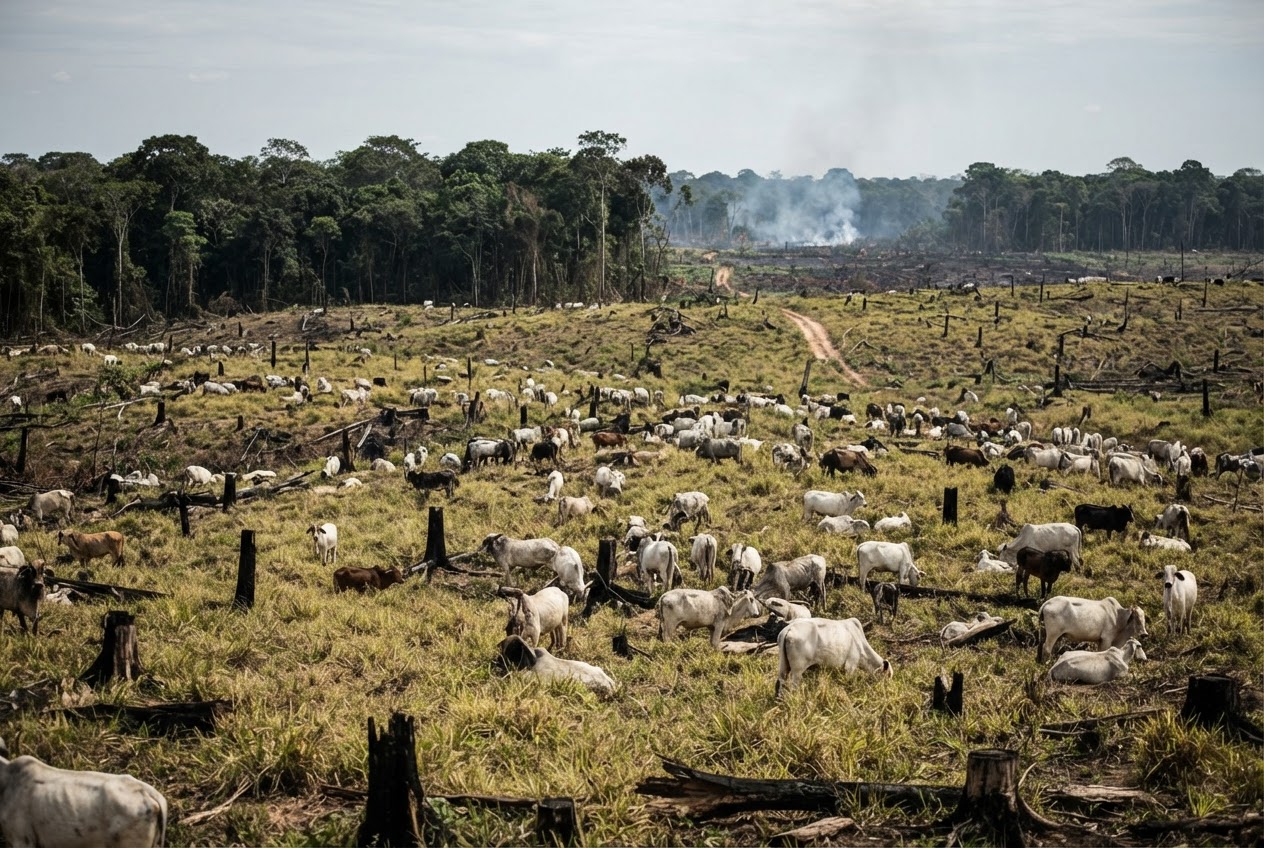 Grandes áreas de terra são frequentemente desmatadas para pastagens de gado, especialmente em regiões como a Amazônia, contribuindo significativamente para as emissões de GEE.