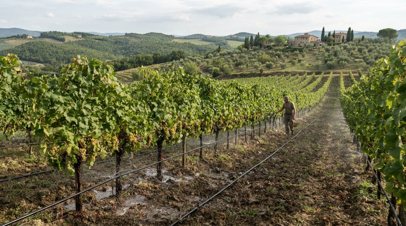 Un paesaggio rurale italiano con vigneti e un sistema di irrigazione moderno che simboleggia la gestione responsabile dell'acqua.