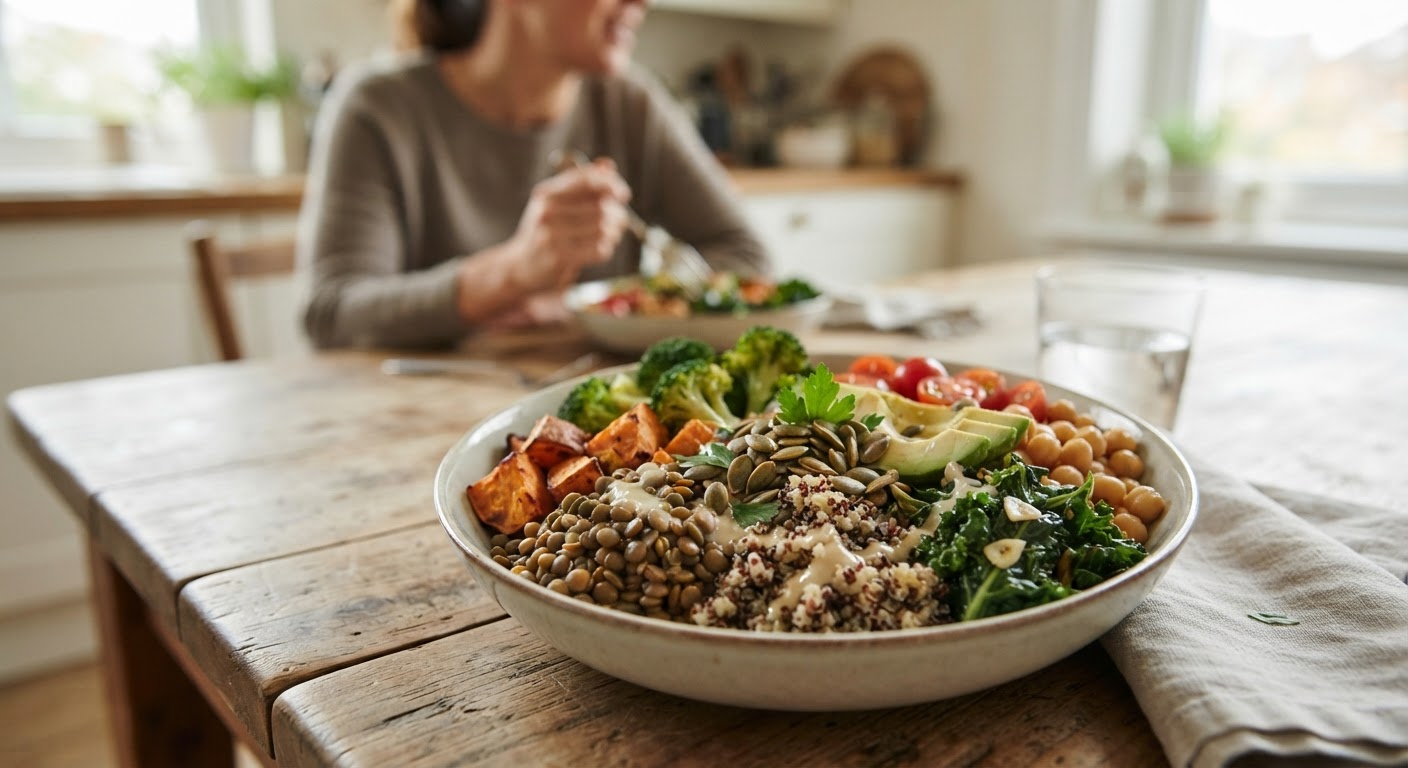 Eine ausgewogene pflanzliche Mahlzeit, reich an Nährstoffen und Phytoöstrogenen.