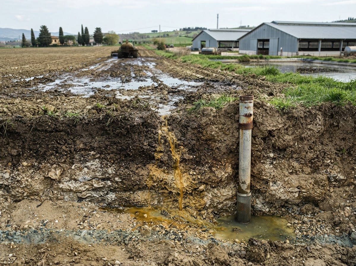 Schema che illustra come i nitrati dall'agricoltura intensiva contaminano le falde acquifere.