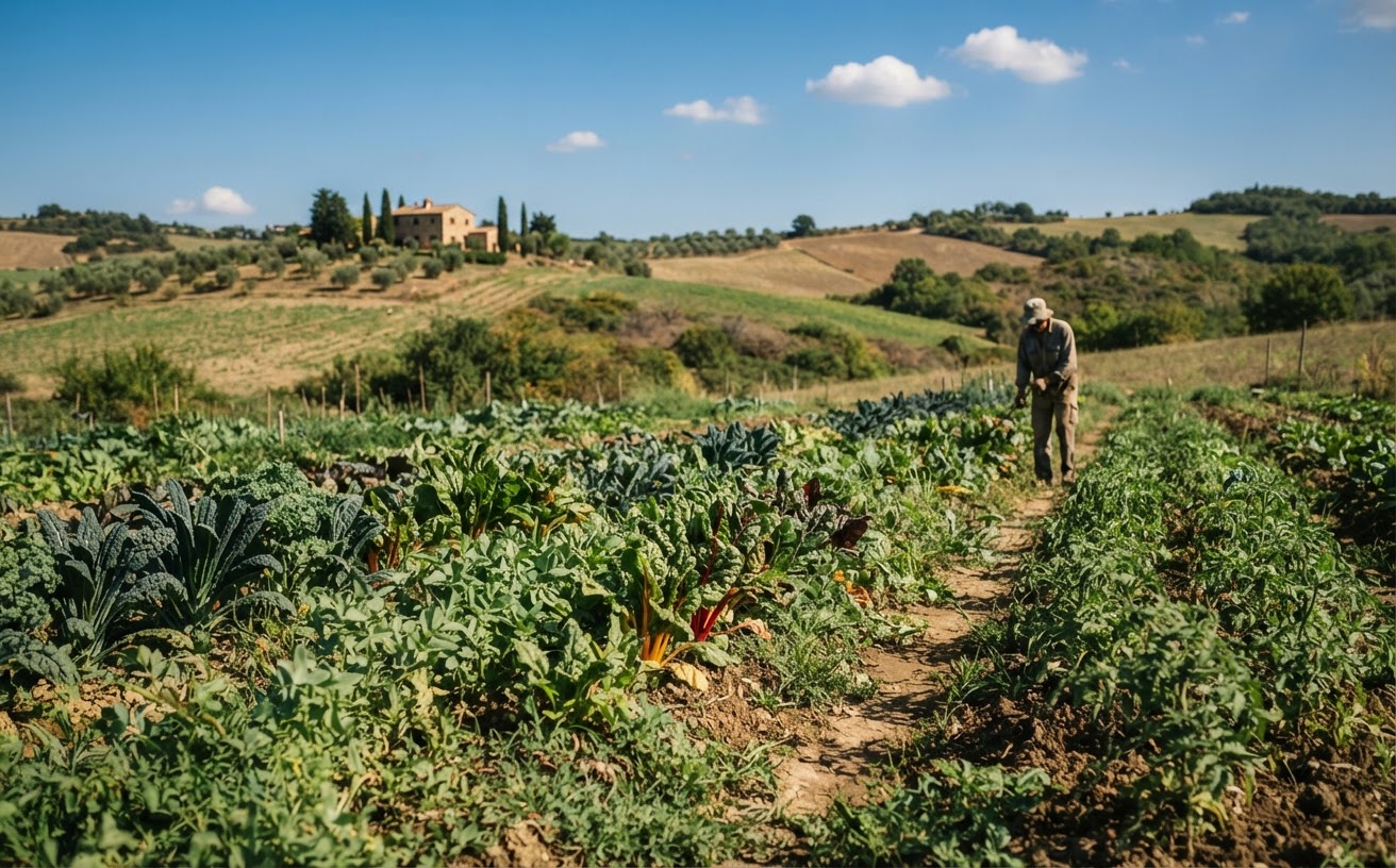 Un campo coltivato biologicamente in Italia, simbolo di un'agricoltura rispettosa dell'ambiente e delle risorse idriche.