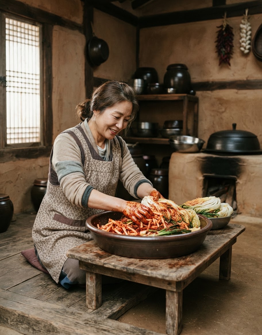 한국 전통 부엌에서 김치를 준비하는 한국 여성