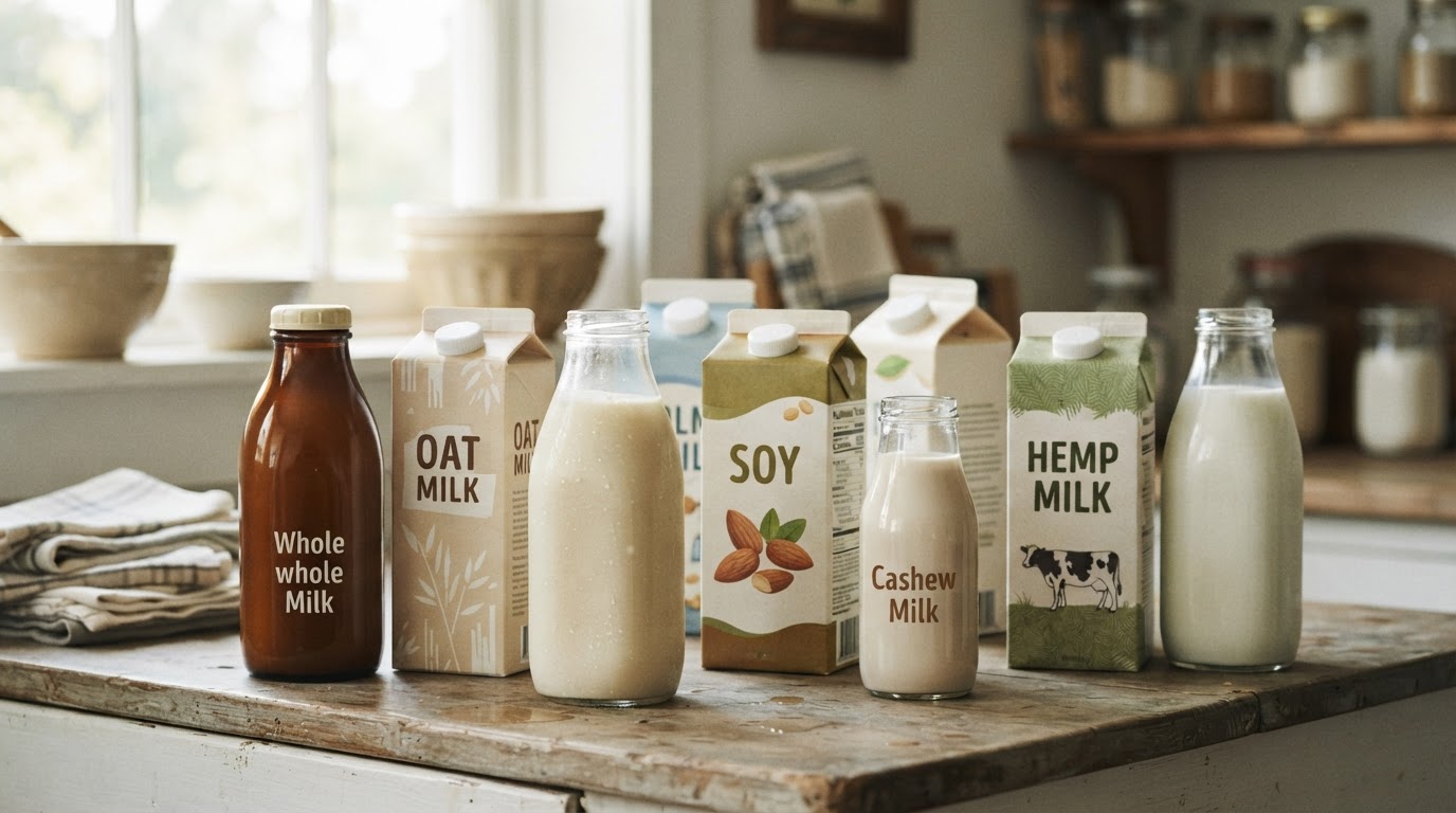 A diverse selection of plant-based milk cartons and glass bottles of dairy milk arranged on a counter.