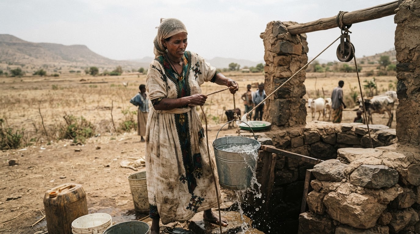 በድርቅ ጊዜ ከጕድጓድ ውሃ የምትቀዳ የኢትዮጵያ ሴት