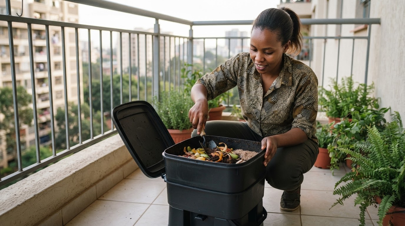 Mwanamke anayetunza kisanduku cha mbolea ndani ya nyumba kwenye balcony jijini Nairobi