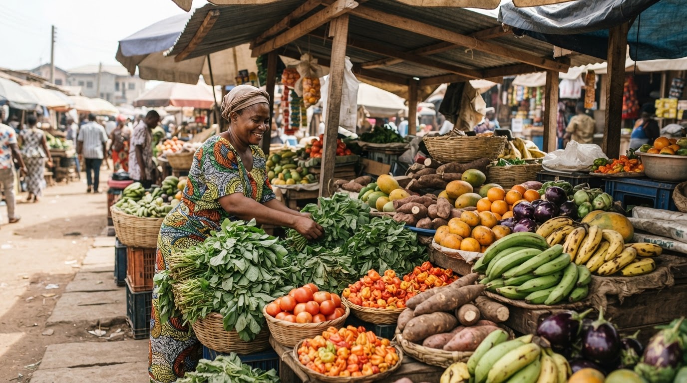 Ọja ti o kún fun ẹfọ ati eso titun ni Nigeria