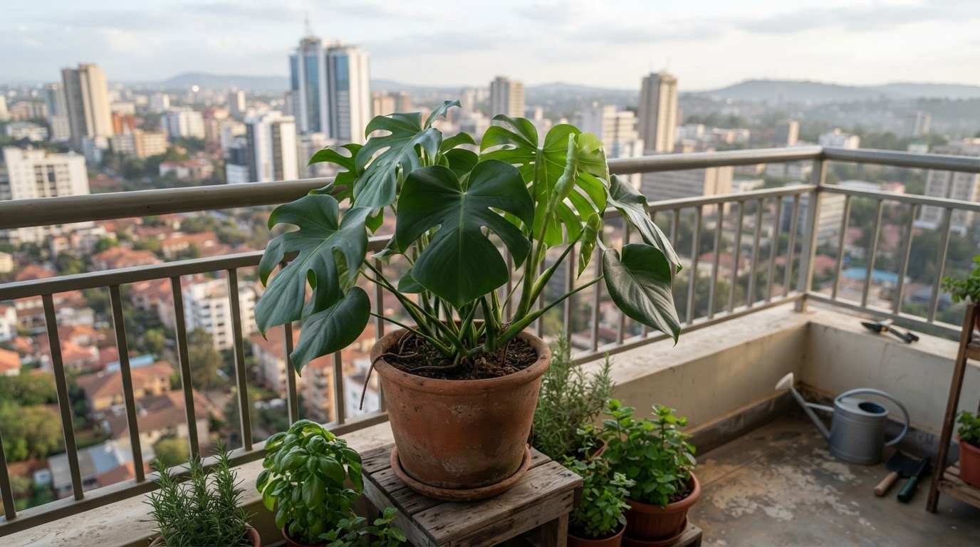 Mimea ya ndani yenye afya njema kwenye balcony, ikionyesha matunda ya kutengeneza mbolea.
