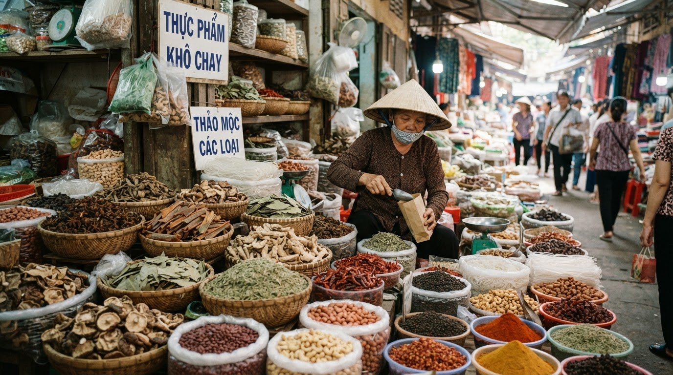 Quầy hàng ở chợ Việt Nam bán các loại thực phẩm khô và thảo mộc