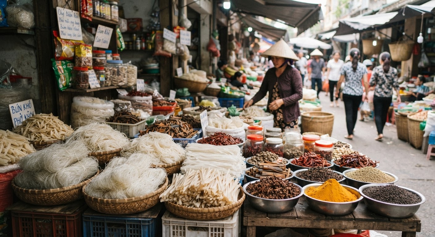Các loại bún, miến khô và gia vị được bày bán phổ biến tại chợ Việt Nam.