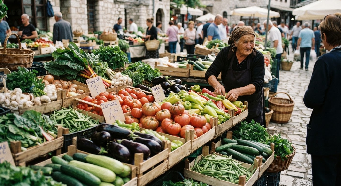 Tregu lokal i mbushur me perime të stinës, një burim kryesor për kuzhinën vegane ballkanike.