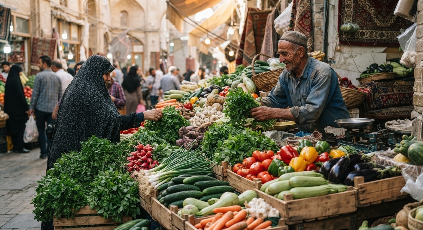 بازار سنتی پر از سبزیجات تازه و رنگارنگ
