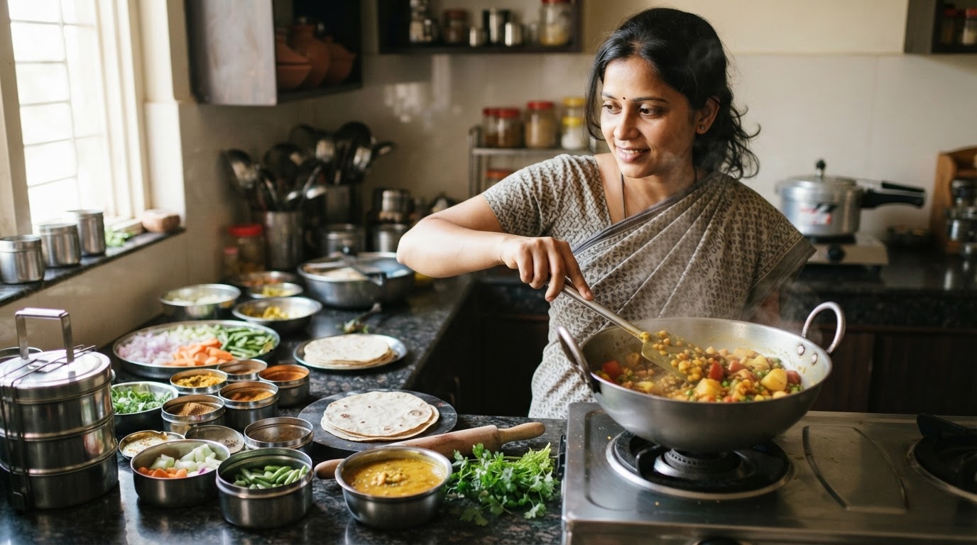 एक महिला घर पर भारतीय शाकाहारी भोजन तैयार कर रही है