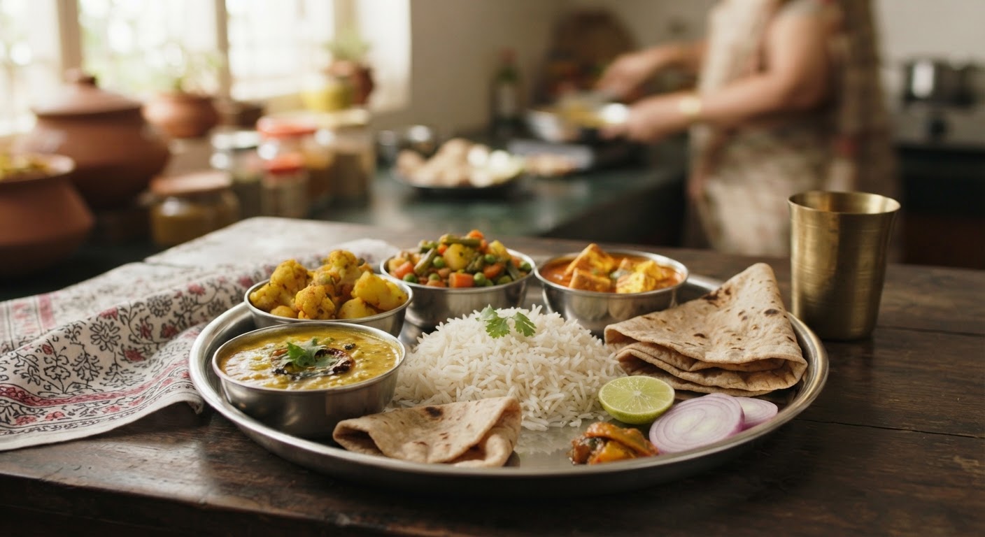 एक पौष्टिक भारतीय शाकाहारी थाली जिसमें दाल, चावल, रोटी और विभिन्न सब्जियां शामिल हैं।