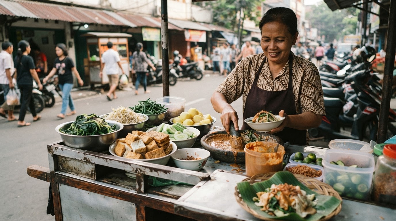 Penjual gado-gado di lapak pinggir jalan di Indonesia, menyajikan berbagai sayuran segar dan bumbu kacang.