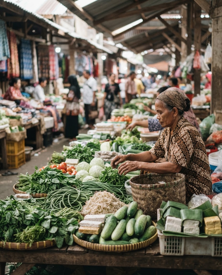 Pasar tradisional di Indonesia menawarkan beragam sayuran segar yang berpotensi mengurangi jejak karbon melalui jarak tempuh yang lebih pendek.