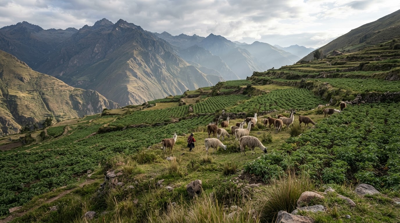 Andes ladera urqukunapi papakuna tarpusqa, llamakuna pakuchkasqa.