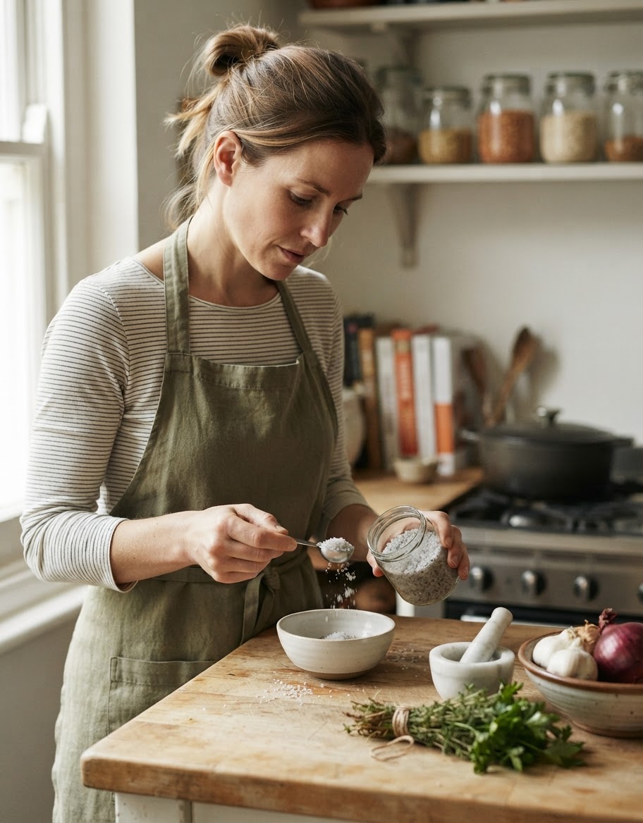Mujer midiendo sal marina en una cocina