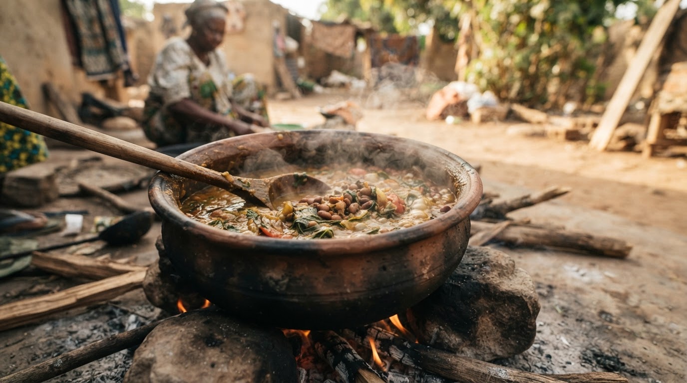 Panela de barro com um guisado tradicional africano de feijão a cozinhar.